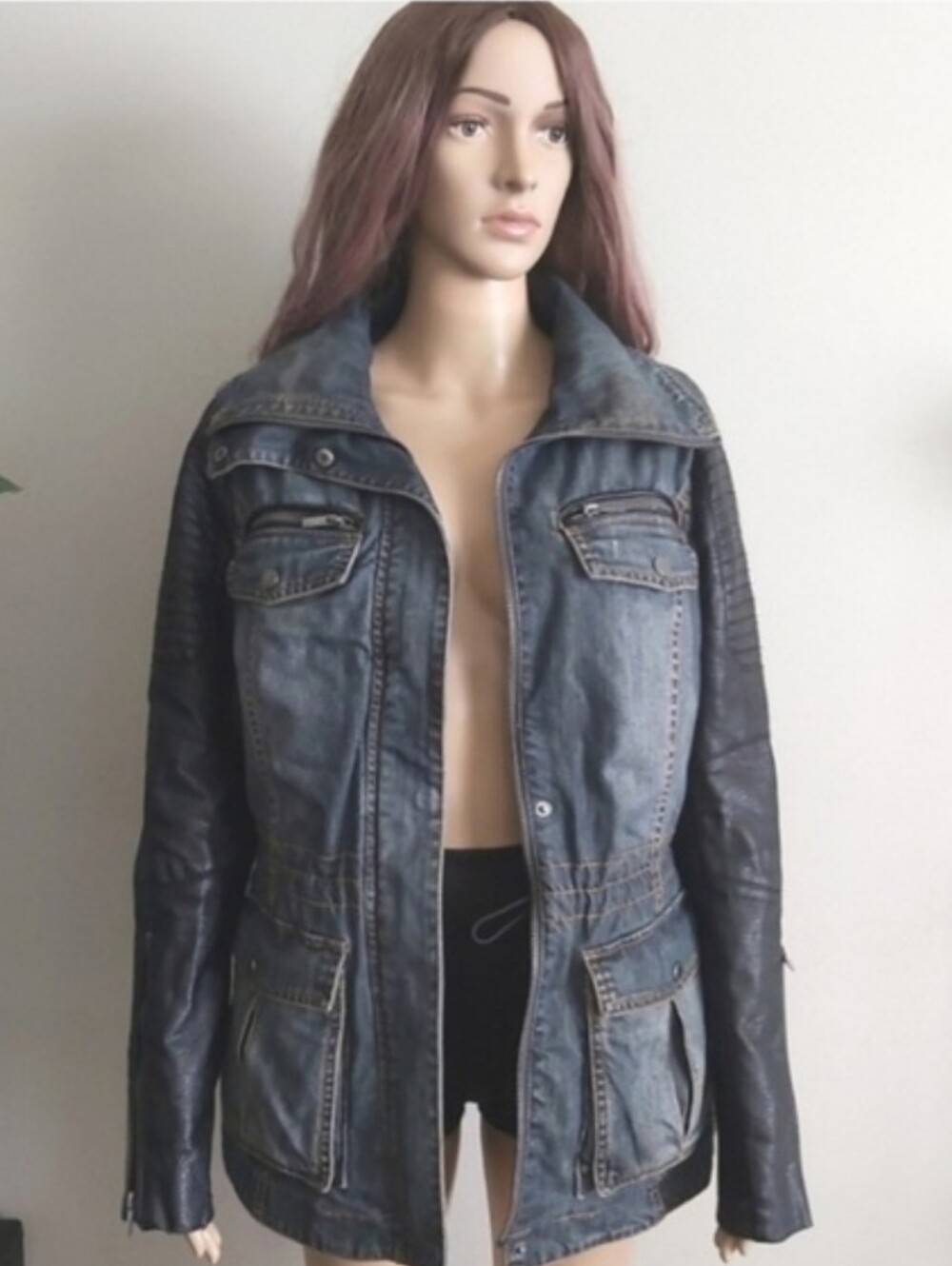 BCBGMaxAzria Blue Denim Jean Jacket Black Pleather Sleeves Faux Fur Lined